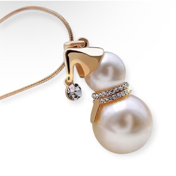 CHRISTMAS Pearl Snowman Necklace Long Gold Plated Chain Pendant Holiday Gift - Picture 1 of 2